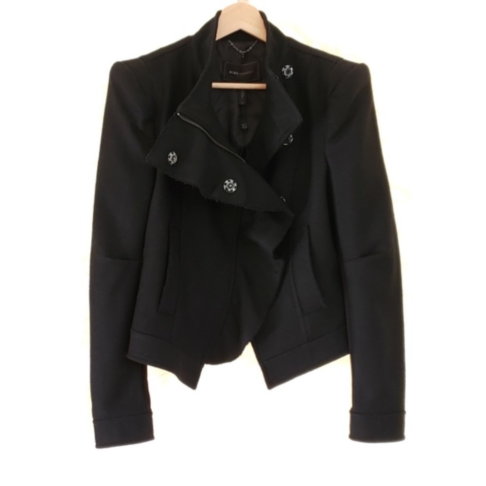 BCBGMAXAZRIA Black Wool Ruffled Medium Jacket